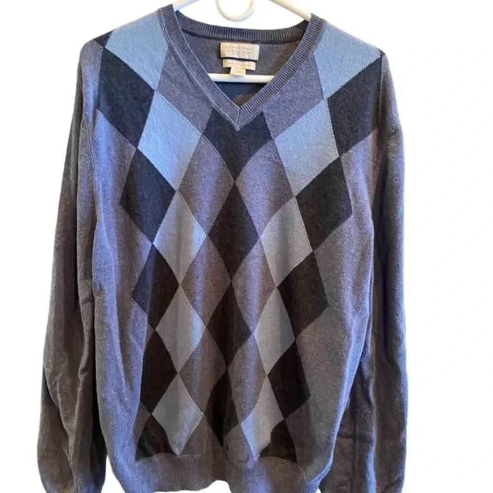 BANANA REPUBLIC MENS BLUE ARGYLE SWEATER TOP SHIRT V NECK COTTON CASHMERE…